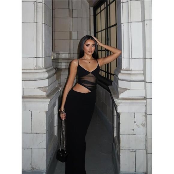 Women's V Neck Spaghetti Strap Maxi Dress Elegant Black - Picture 5 of 5